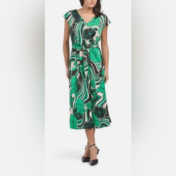 NWT Anne Klein Emerald Abstract Floral Belted Midi Dress - Picture 1 of 7